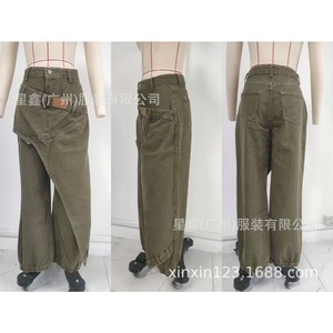 Nuovi <span class=keywords><strong>Pantaloni</strong></span> <span class=keywords><strong>Cargo</strong></span> 2026 in Denim di Cotone Lavato, Asimmetrici e Destrutturati, Gamba Larga, Stile Streetwear, Verde Oliva - Product Image 4