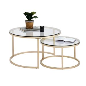 SENYU Ensemble de 2 tables basses rondes avec plateau en verre et structure en laiton, mobilier de salon contemporain, style design moderne - Product Image 1