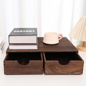 Wooden Desktop Organizer Double <b>Drawer</b> <b>Storage</b> <b>Box</b> For Office Books And Miscellaneous Items Rectangle Standing Type Solid Color - Product Image 1