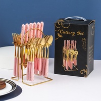 Service de Couverts 24 Pièces en Acier Inoxydable, Poignée en Céramique, avec Support, Coffret Cadeau, Style Nordique, pour Cuisine Occidentale