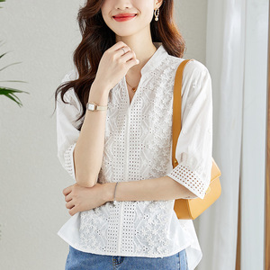 Camisa de Algodón con Bordado Francés para Mujer, Manga Corta, Verano 2026, Hermosa Camiseta Juvenil, Top Chic - Product Image 3