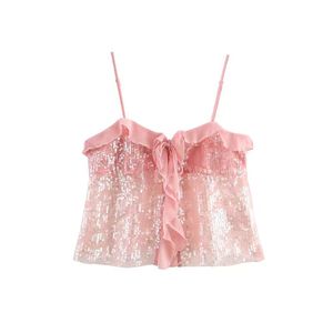 Débardeur court en tissu respirant uni pour femmes, style décontracté, bretelles spaghetti à paillettes, volant sur le devant, dentelle, longueur courte - Product Image 4