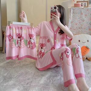 Vente en gros <span class=keywords><strong>Tik</strong></span> Tok Live Stream Hot Summer Milk Silk Short Sleeve Cartoon Mic Three-piece Homewear - Product Image 2