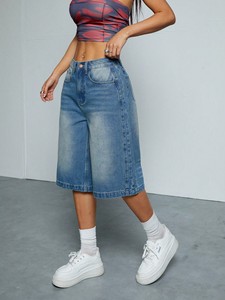 Shorts en <span class=keywords><strong>jean</strong></span> délavé bleu rétro pour <span class=keywords><strong>femme</strong></span>, coupe droite, style américain, décontracté et polyvalent, pantalon large, longueur cinq minutes. - Product Image 2
