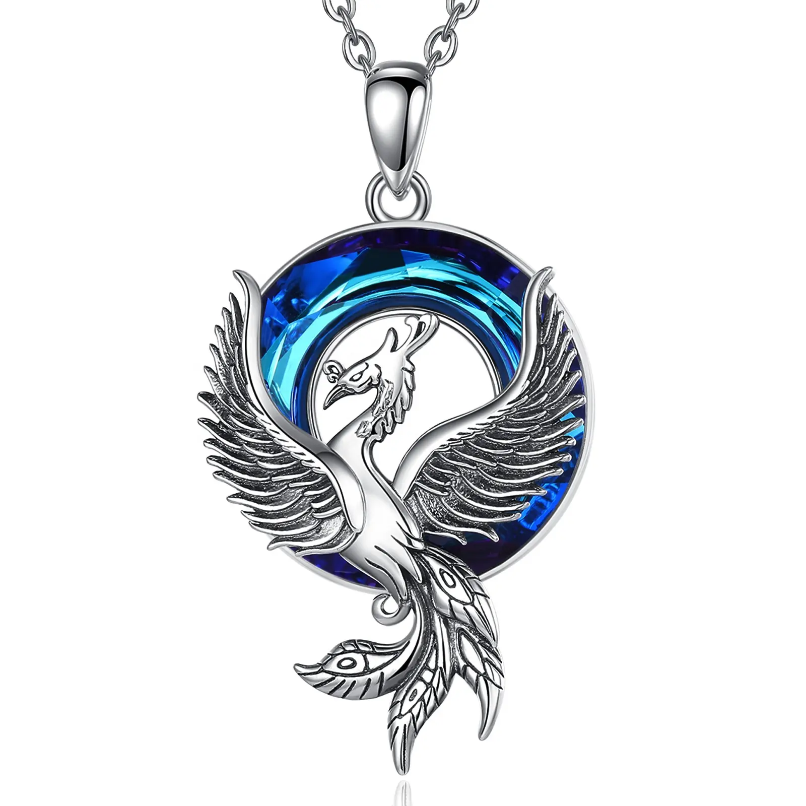 Vintage Jewelry 925 Sterling Silver Circle Shaped Blue Crystal Phoenix Element Pendant Necklace for Men