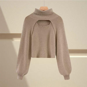 Conjunto de <span class=keywords><strong>Dos</strong></span> Piezas de Suéter de Punto Personalizado con Cuello Alto para Mujer, Diseño Calado, Suéter de Cachemira, Bolero de Punto - Product Image 3