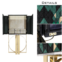 Meuble de salon contemporain innovant 1088 Triangles avec placages multicolores et base en laiton poli
