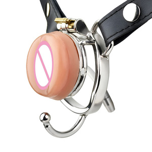 FRRK-176 Dispositif de <span class=keywords><strong>chasteté</strong></span> sissy à sangle en acier inoxydable, cages de <span class=keywords><strong>chasteté</strong></span> négatives avec labia en silicone pour bondage masculin - Product Image 1
