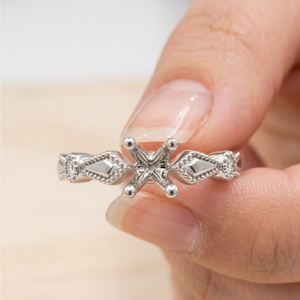 Art Deco 18K White Gold Semi Mount Ring 4-Prong Milgrain Geometric Rhombus Accent Engagement Custom Band Size For Perfect Fit - Product Image 3