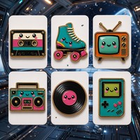 Ensemble d'aimants métalliques pour réfrigérateur, style rétro spatial, avec motifs Kawaii, Cassette, Patins à roulettes, TV, Boombox, Vinyle, Game Boy et Vibes Cosmiques