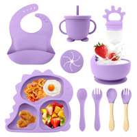 Ensemble de vaisselle pour tout-petits en silicone de qualité alimentaire, comprenant une assiette à ventouse, un bol, une cuillère, une tasse et un bavoir pour l'alimentation des bébés