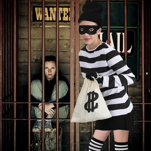 Stadget 6Pcs Robber Costume Women Black White Striped Burglar Outfit Halloween Cosplay Dress Up - Product Image 4