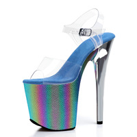 Chaussures de pole dance sexy à talon fin, plateforme colorée dégradée bleue, 20 cm, avec bride transparente à la cheville, modèle pour crossdresser