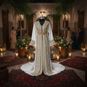 Elegante Vintage marroquí satén vestido de novia bordado tradicional silueta que fluye fiesta nupcial ceremonias noche modesta - Product Image 3