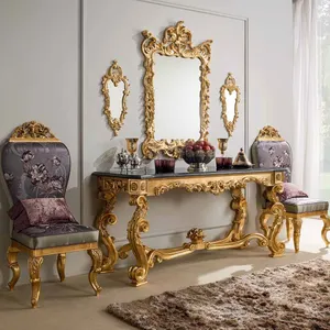 Entirely Golden Bedroom Furniture Set Royal Console Table Antique Solid Wood Dresser Table With Mirror And Wardrobe