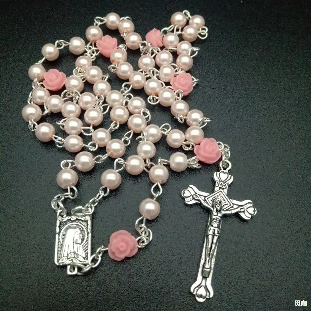 2024 8mm di perline del rosario cattolico gioielli perline del rosario religioso perle artificiali rosa ciondolo croce collana per la festa della mamma regalo