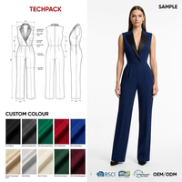 Combinaison de smoking bleu sur mesure en crêpe de laine sans manches avec revers en satin contrastant, une pièce, écologique GRS