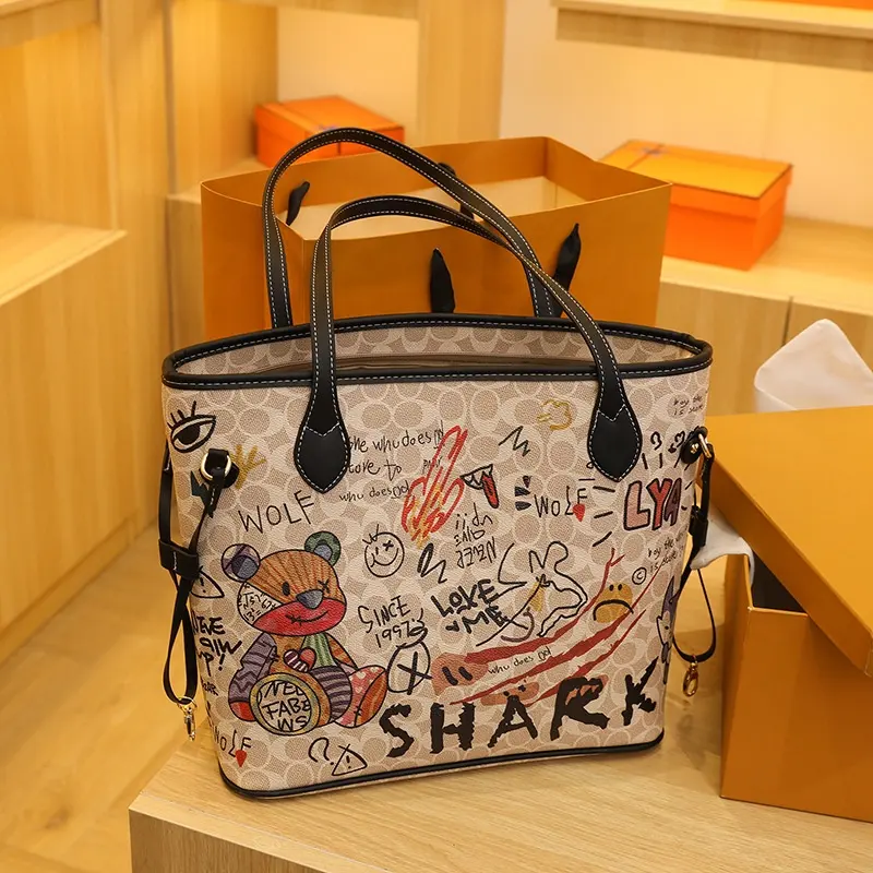 Fashion Shoulder Tote Bucket Bag Bear Pattern Luxury Designer Handbag Large Capacity Shopping Women's Bags