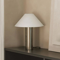 Lampe de table LED moderne en acier inoxydable avec base nickel poli et abat-jour en tissu, lumière d'ambiance pour salon, chambre à coucher, lampe de chevet