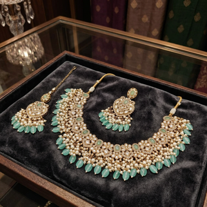 Indian Traditional Antique Gold Plated Kundan Choker Necklace <b>Set</b> Sea Green Mint Gemstone Bead Bridal Jewelry <b>Set</b> with Earrings - Product Image 3