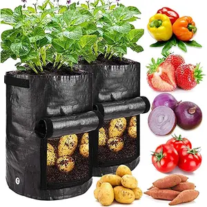 सांस बुना कपड़े कपड़ा आलू बढ़ने बैग 4 पैक 5 गैलन फ्लैप के साथ और संभालती बागान बर्तन के लिए प्याज फल टमाटर गाजर