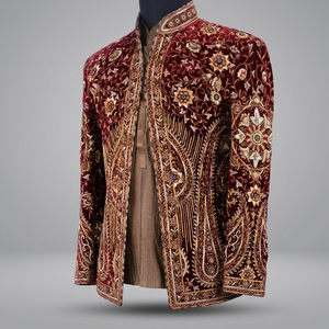 Heavy Zari Embroidery on Maroon Sherwani,kurta & <b>Pant</b> Dress with Men's Suits & Blazer >Men's Suits - Product Image 3