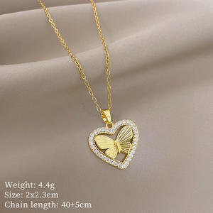 En forma de corazón mariposa lineal TrendyTitanium acero circón chapado en oro colgante collar hombres mujeres moda único Popular - Product Image 4