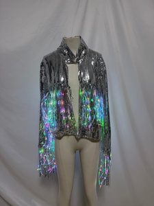 Women's Holographic <strong>Sequin</strong> <strong>Jacket</strong> with LED Light Up Fringe - <strong>Silver</strong> Iridescent Blouson Top for Rave, Festival, Stage Performance - Product Image 4
