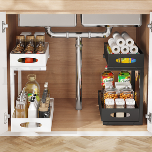 <span class=keywords><strong>Organisateur</strong></span> d'évier de <span class=keywords><strong>cuisine</strong></span> et de salle de bain en métal à 2 niveaux noir et blanc avec rail, support de rangement pour évier - Product Image 2
