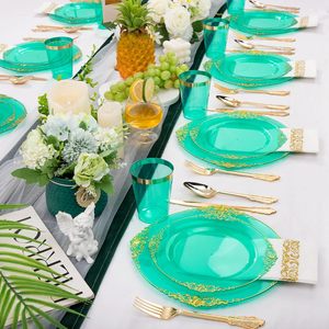 175 Pcs Clear Green Elegant Disposable Dinnerware Set Includes 10.25" Dinner &amp; 7.5" Dessert Plates, Cutlery, Napkins, Cups - Product Image 6