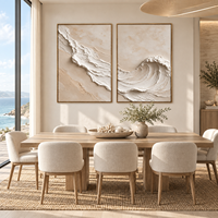 Tableau en toile texturé 3D vague océanique beige sculpturale, diptyque côtier neutre pour la décoration d'hôtels, villas, chambres et salons