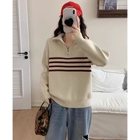 Pull en cachemire rayé sur mesure à demi-zip pour femme, chemise intérieure pour femme, style occidental automne-hiver.