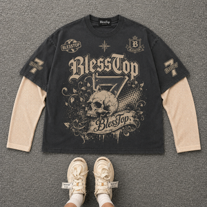 BlessTop Vintage Washed <strong>Gothic</strong> Skull Graphic <strong>T</strong> <strong>Shirt</strong> Y2K Layered Distressed Heavyweight Streetwear Tee OEM ODM - Product Image 2