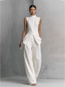 Completo da <span class=keywords><strong>donna</strong></span> in <span class=keywords><strong>lino</strong></span> due pezzi 2026: Top senza maniche con colletto alla coreana e bottoni, <span class=keywords><strong>pantaloni</strong></span> a gamba larga, outfit casual da ufficio - Product Image 1