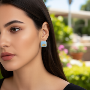 Fashion <b>Stud</b> <b>Earrings</b> 316L Stainless Steel PVD Gold Plating Sustainable Resistant Square Design Light <b>Blue</b> Inlay - Product Image 3