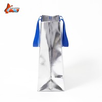 Sac de shopping en papier laminé de luxe avec logo personnalisé, couleur argent métallisé, poignée en ruban bleu, emballage cadeau pour la vente au détail, vente en gros