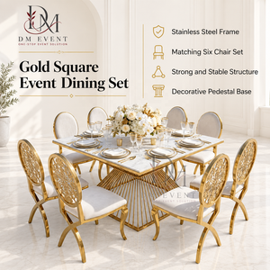Ensemble de table à manger haut de gamme en acier inoxydable avec plateau en verre carré et chaises à dossier rond pour événements de mariage - Product Image 2