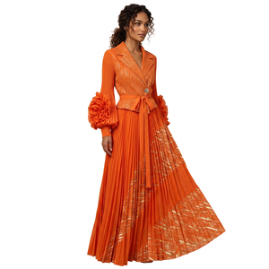 Robe longue plissée décontractée à col rabattu pour femme, manches lanternes, taille empire, dentelle 3D – Collection Automne 2025 - Product Image 4
