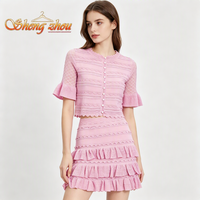 Ensemble tricoté pour femme, couleur unie, col rond, haut à manches courtes orné de perles et mini-jupe à volants cascade, patchwork, plissé, ajouré