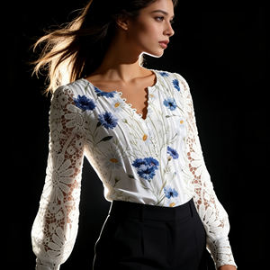 Blusa de Encaje Blanco Menta para Mujer, Manga de Encaje, Estilo Dulce, Transpirable, Elegante, Cuello en V, Botones al Frente, Casual, Largo Medio - Product Image 1