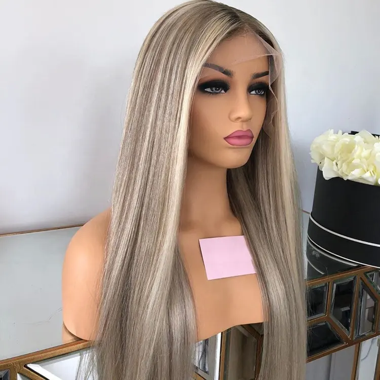 Ash Blonde Highlight #60 Color Long Straight European Cuticle Aligned Hair Transparent HD Lace Front Wigs