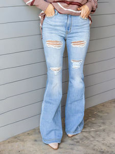 Nouvel arrivage de pantalons évasés déchirés extensibles pour femmes quatre saisons Jean en denim taille haute élégant <span class=keywords><strong>Botton</strong></span> Pantalon en denim long pour femme - Product Image 6