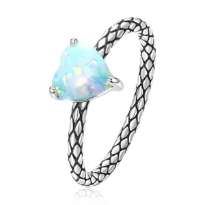925 Sterling Silver Natural Opal Heart Rings Fashion Women Jewelry Snake Personalized Vintage Cheap Rings for Girls