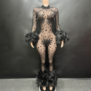 จั๊มสูทแฟชั่นของผู้หญิงพลอยเทียมเซ็กซี่ผ้าตาข่ายฟู - Product Image 4