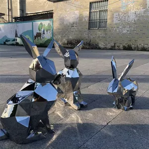 Escultura decorativa de paisaje de conejo geométrico para exteriores, estatua de jardín de conejo de acero inoxidable, escultura de conejo de latón para jardín