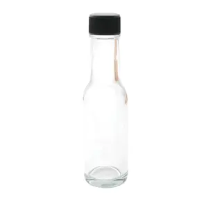 5 унций. Прозрачная стеклянная бутылка для горячего соуса (woozy) с черной крышкой + Термоусадочная лента и редуктор с отверстием