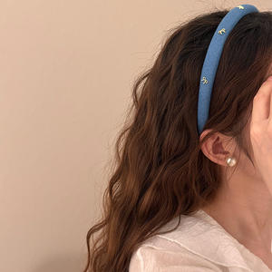 Corea tinta unita Denim <span class=keywords><strong>blu</strong></span> moda Charm spugna fascia per capelli donna semplici accessori per capelli con 5 <span class=keywords><strong>papillon</strong></span> dorati - Product Image 2