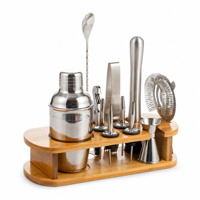 Ensemble de shaker à cocktails en acier inoxydable SINCERE avec support en bambou - Kit de mélange de boissons pour barman