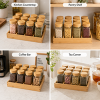 Ensemble de 12 pots à épices carrés en verre avec couvercles en bambou et support en bambou, 100 ml, organiseur de rangement pour assaisonnements de cuisine