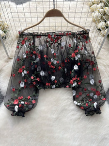 Camicette da <span class=keywords><strong>donna</strong></span> in <span class=keywords><strong>lino</strong></span> per la primavera estate Casual maniche a sbuffo camicie di pizzo con motivo geometrico all'ingrosso top vestiti - Product Image 3